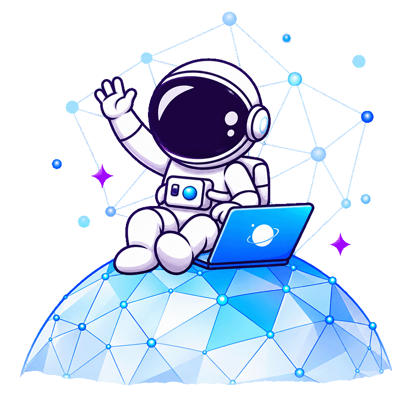 Illustration d’un astronaute Bulenox Trader assis sur un globe digital avec un ordinateur portable.